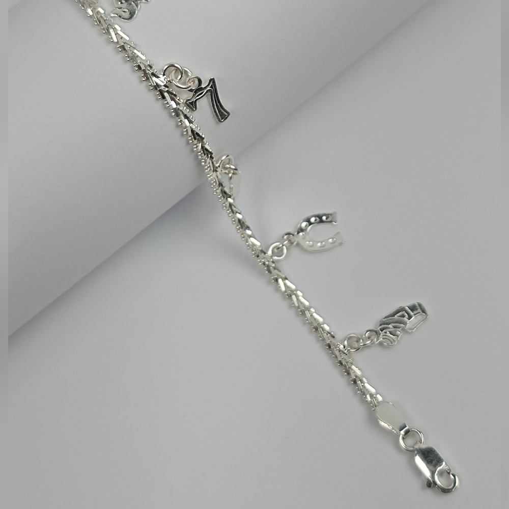 925 Sterling Silver Lucky Charm Bracelet Elephant Horseshoe 7 Charms -  18.5cm